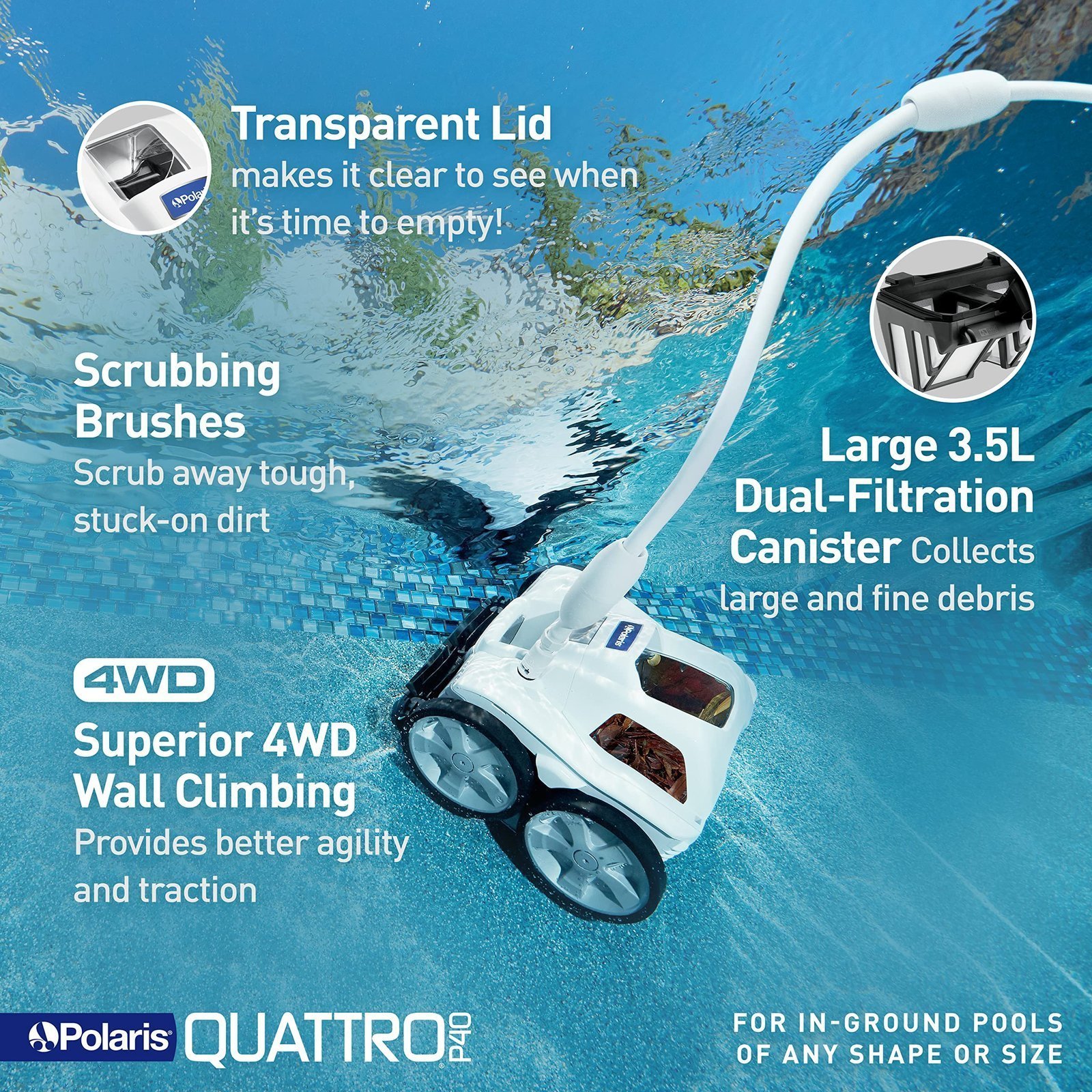 Polaris Quattro P40 Pressure Side Pool Cleaner for All In-Ground Pool Surfaces, Large-Capacity Dual Filtration Canister, 31′ Hose & Transparent Lid to View Debris - Image 4