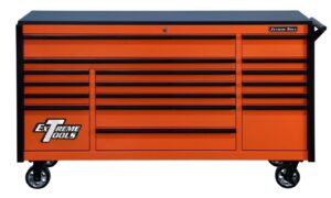 Scratch & Dent, Extreme Tools DX Series 72″ x 21″ Triple Bank Roller Cabinet, 17 Drawers – Orange/Black Showroom Demo