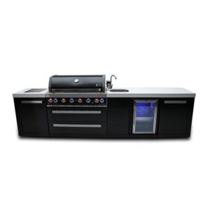 Mont Alpi 5-Burner Compact Black Outdoor Kitchen Island Gas Grill + Fridge Cabinet