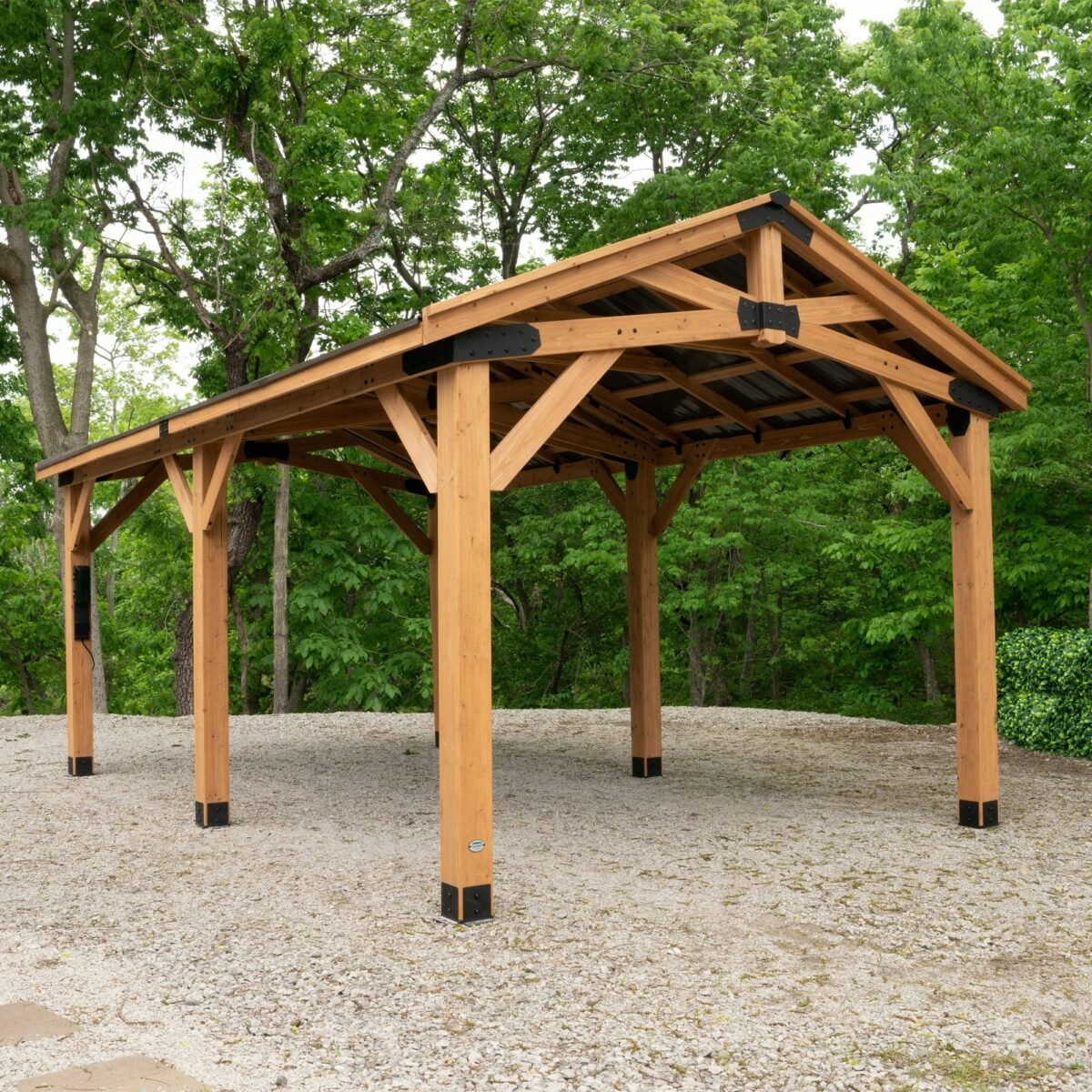 Backyard Discovery Norwood 20' x 12' Cedar Wood Pavilion Carport Heavy-Duty Gazebo Shelter with Steel Roof and PowerPort - Image 3