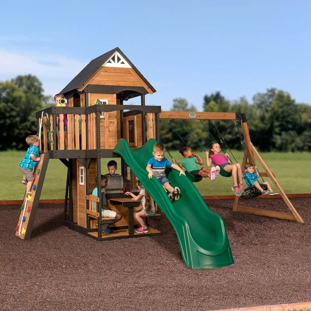 Backyard Discovery Canyon Creek Cedar Wood Playset Swing Set with Wave Slide Rock Climbing Wall and Lower Playhouse - Image 2