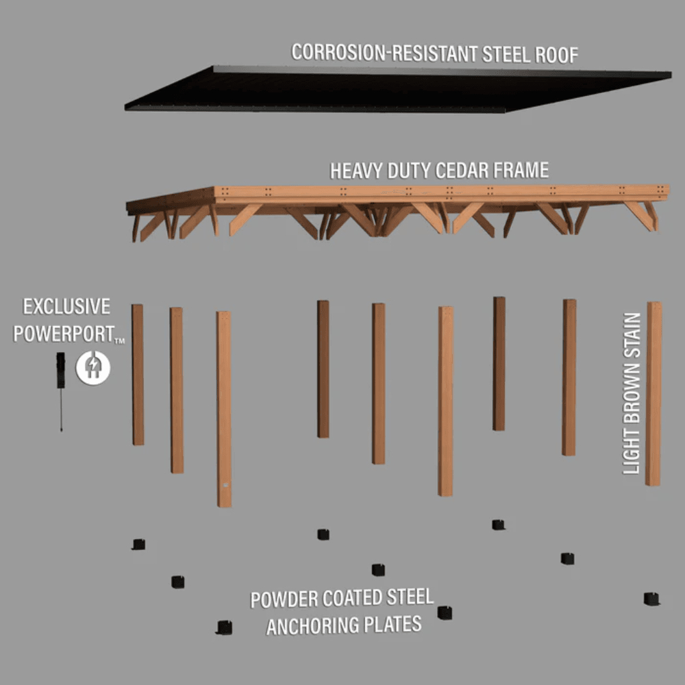 Backyard Discovery Kingsport 20' x 20' Cedar Wood Carport Heavy-Duty Outdoor Vehicle Shelter with Black Steel Roof and PowerPort - Image 2