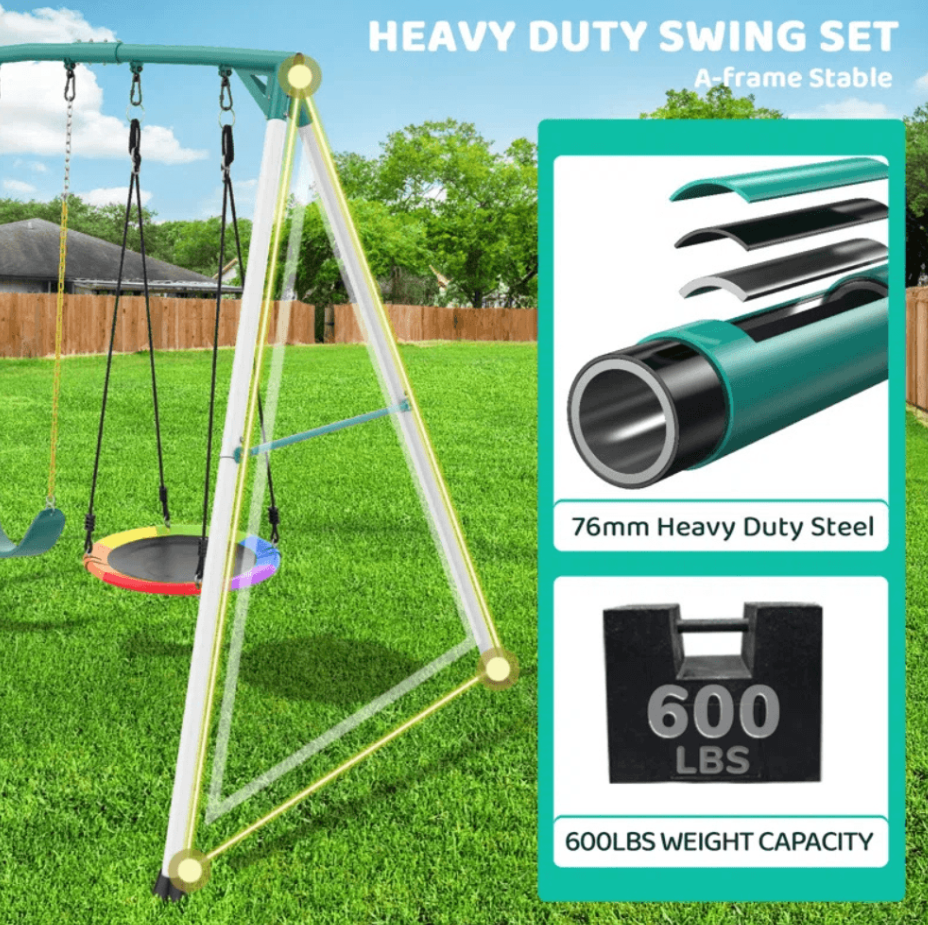 Designasofa 9.5 Ft. Heavy-Duty Metal Outdoor Swing Set with Saucer Swing and 2 Swings - Image 5